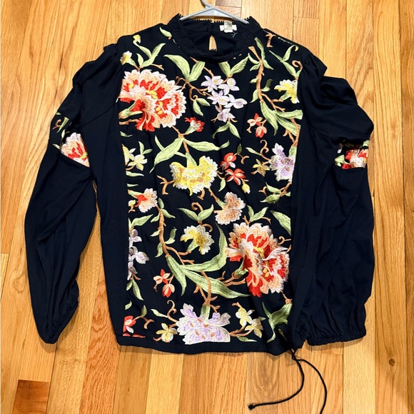 Anthropologie Tops - Tiny by Anthropologie Embroidered Floral Black Long Sleeve Blouse